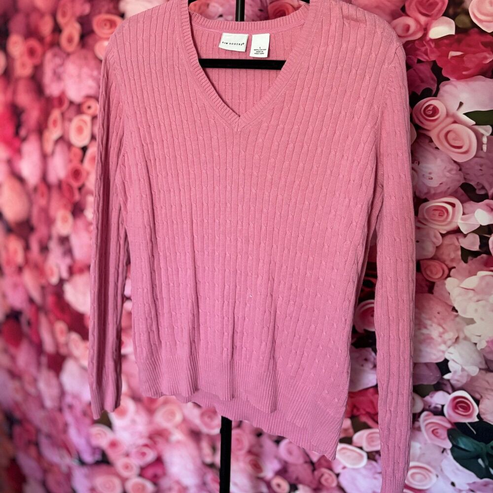 Kim Rogers Women's Pink Cable-Knit Pullover Sweater 100% Cotton V-Neck L